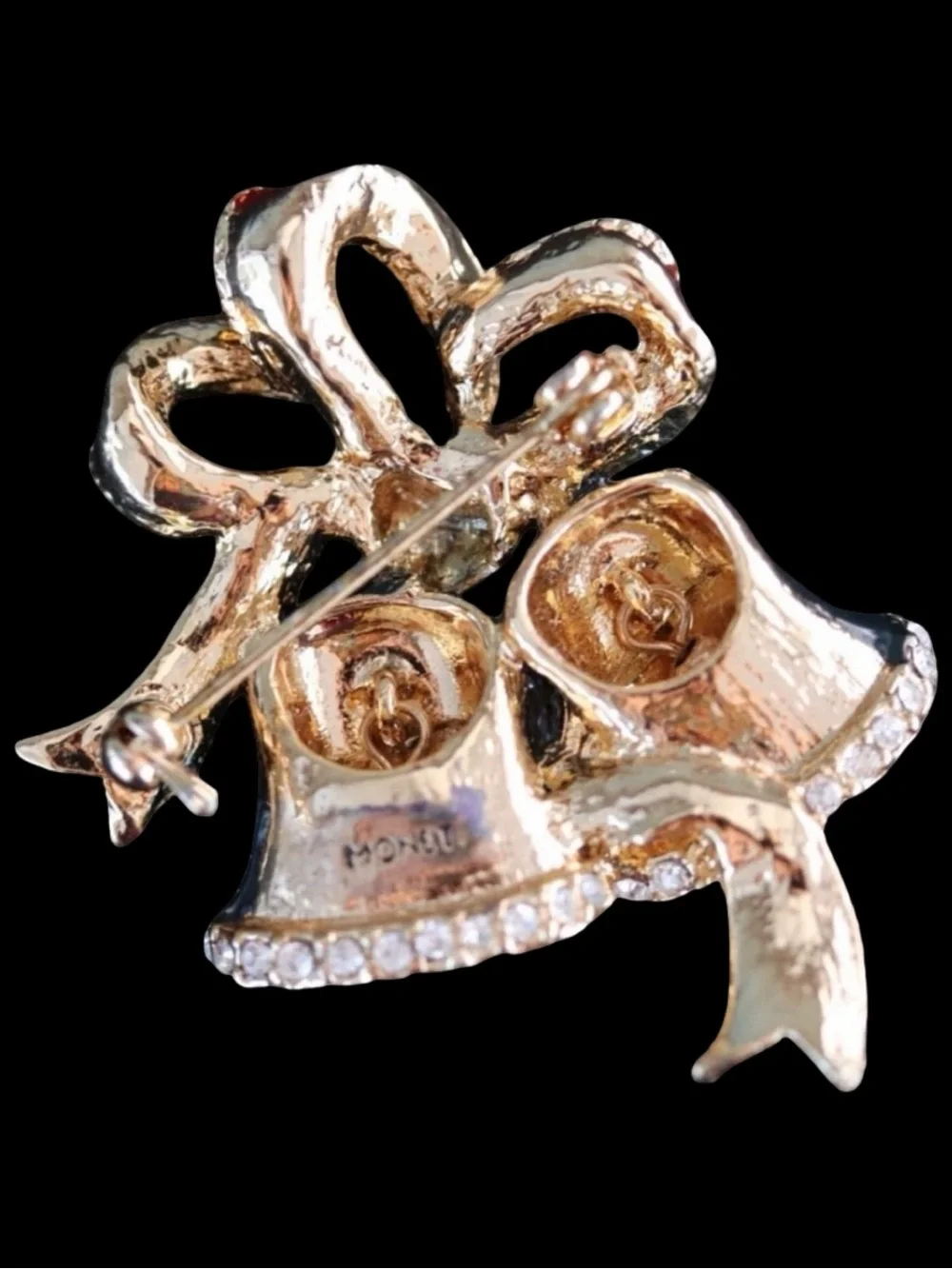 Vintage 1980s Monet Christmas Double Bell Brooch Pin - EUC, Enamel & Rhinestone
